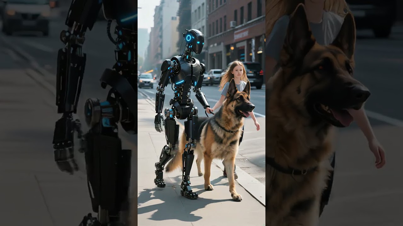 A lifelike robot is walking a dog on the street.